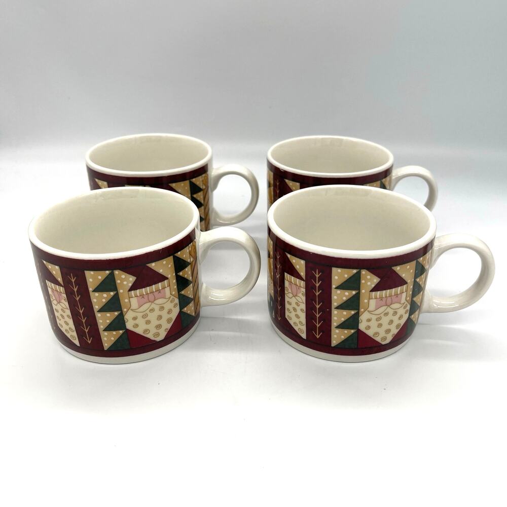 Vintage 1999 Sakura Majesticware Christmas Patch Set of 4 Coffee Mugs / Cups